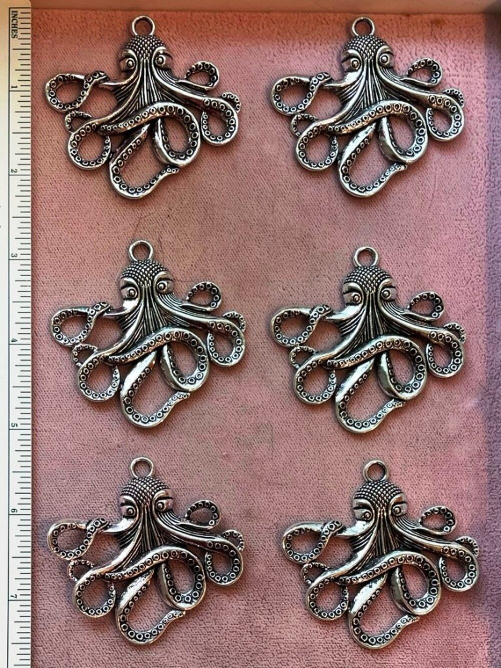 SEVEN (7) Large detailed OCTOPUS PENDANTS - 2-1/4" - Silver-Plate